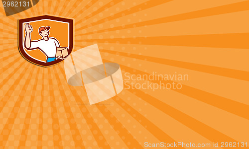 Image of Business card Delivery Man Okay Sign Shield Cartoon