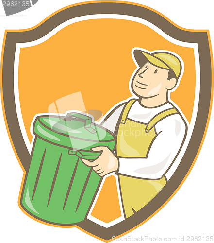 Image of Garbage Collector Carrying Bin Shield Cartoon