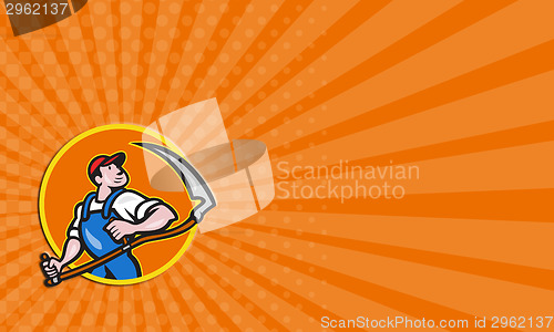 Image of Business card Farmer Worker Holding Scythe Circle Cartoon