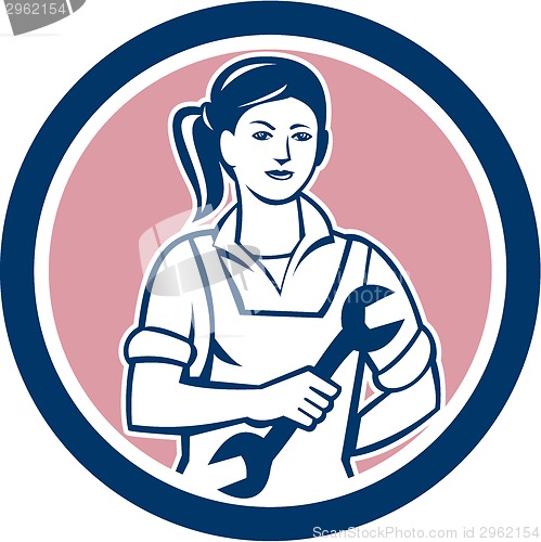 Image of Female Mechanic Spanner Circle Retro