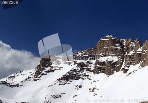 Image of Panorama of snowy rocks in nice spring day