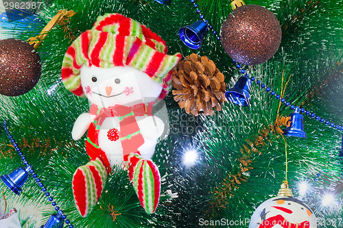 Image of Amusing figure of a snowman on a Christmas fir-tree.