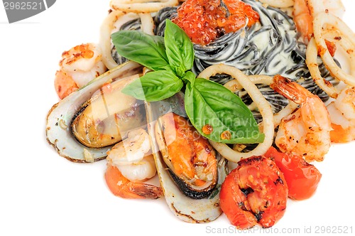 Image of Black Pasta with sea food and basil