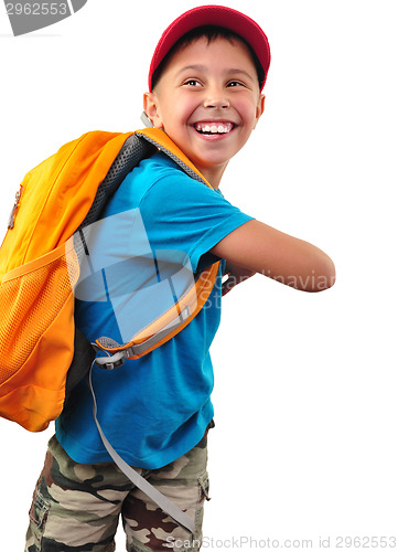 Image of happy smiling boy with backpack isolated over white