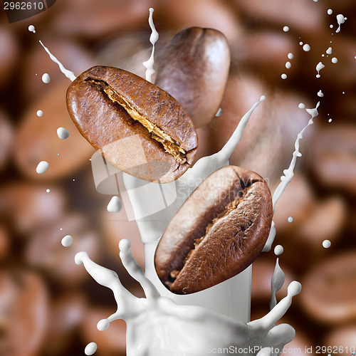 Image of Falling roasted coffee beans with steam and milk