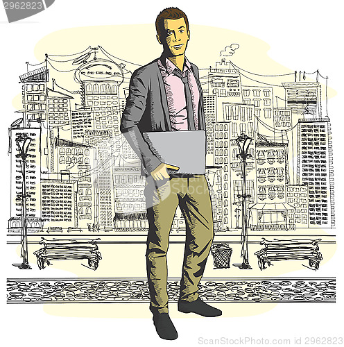 Image of Vector man with laptop in his hands