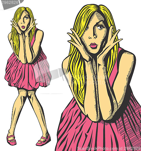 Image of Vector Surprised Blonde in Pink Dress