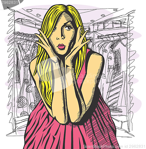 Image of Vector Surprised Blonde in Pink Dress