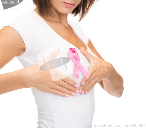 Image of woman with pink cancer awareness ribbon