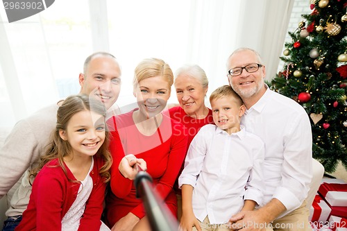 Image of smiling family making selfie at home