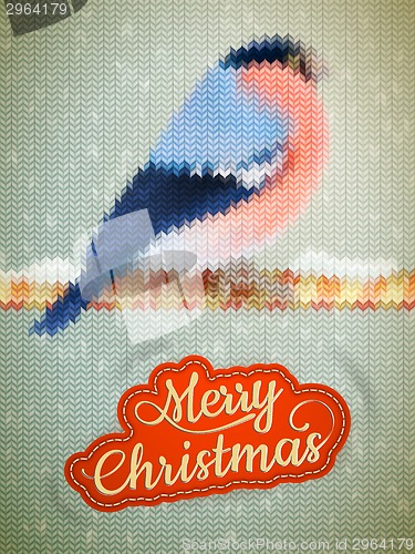 Image of Christmas label on a knitted Bullfinch. EPS 10