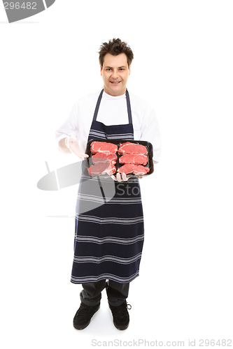 Image of Butcher presenting meat cuts