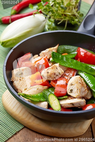 Image of chicken breast meat and vegetables on frying pan