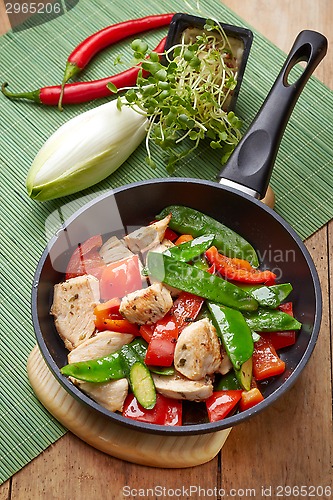 Image of chicken breast meat and vegetables on frying pan