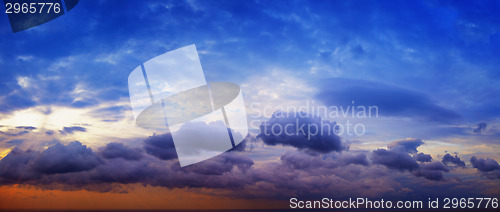 Image of Panorama of beautiful cloudy sky with sunshine over the sea hori