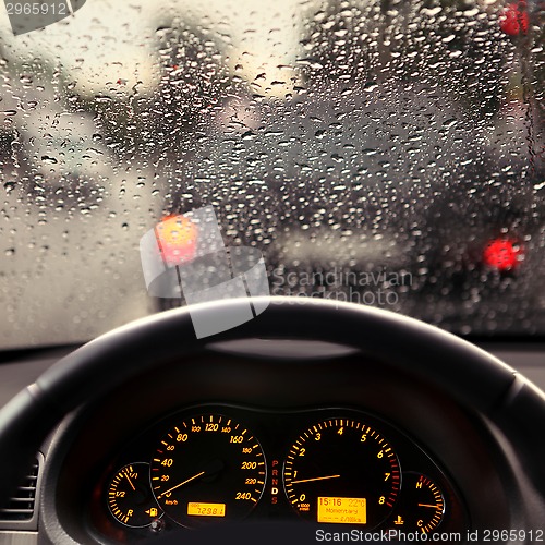 Image of rain droplets on car windshield