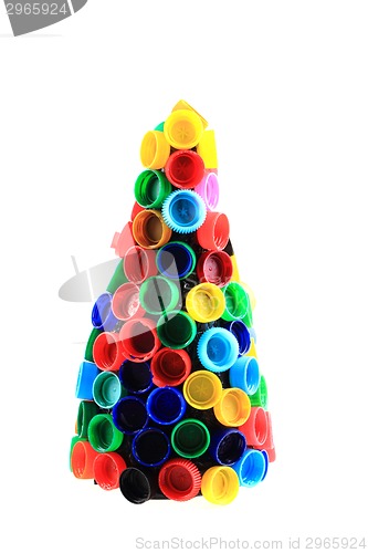 Image of chriostmas tree from color plastic caps 