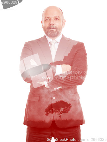 Image of business man double exposure red tree