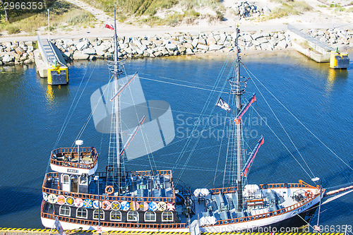 Image of seaport of Kolobrzeg, Poland with ship