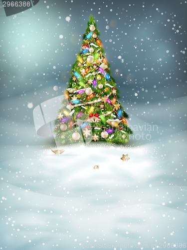 Image of Christmas fir tree on winter landscape. EPS 10