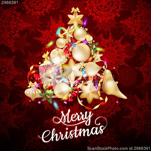 Image of Christmas card with baubles on deep red. EPS 10
