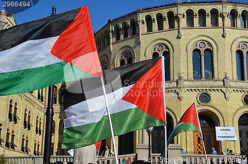 Image of Palestinian flags in front of Norwegian Parliament