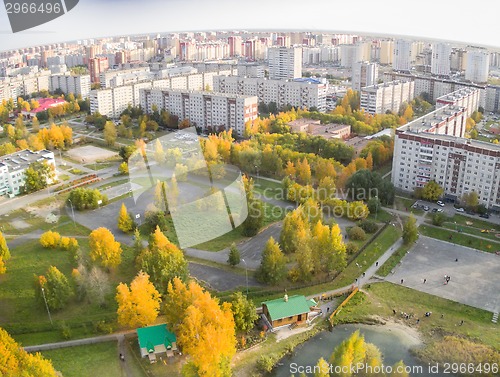 Image of Aerial view on park with little church. Tyumen