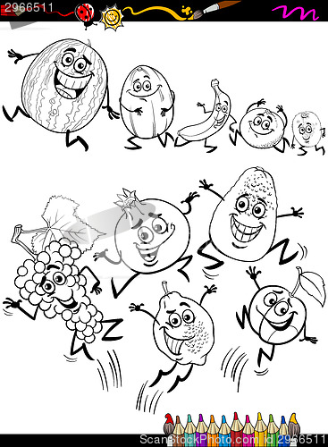 Image of funny fruits set cartoon coloring page