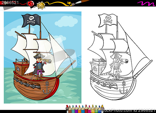 Image of pirate on ship cartoon coloring book