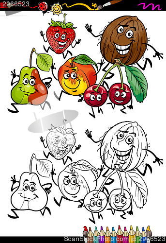 Image of fruits group cartoon coloring page