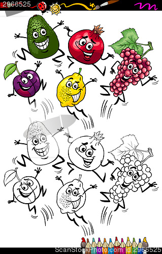 Image of funny fruits cartoon coloring page