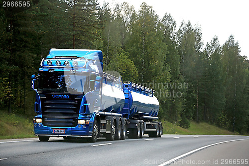 Image of Blue Scania Tank Truck on the Road