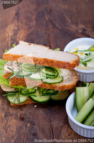 Image of fresh vegetarian sandwich with garlic cheese dip salad