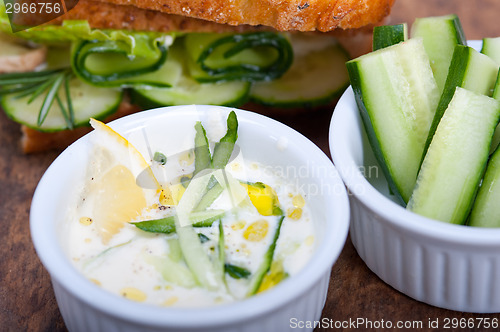 Image of fresh vegetarian sandwich with garlic cheese dip salad