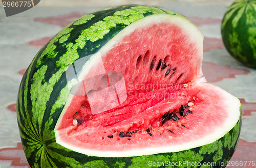 Image of A ripe watermelon cut , photographed closeup