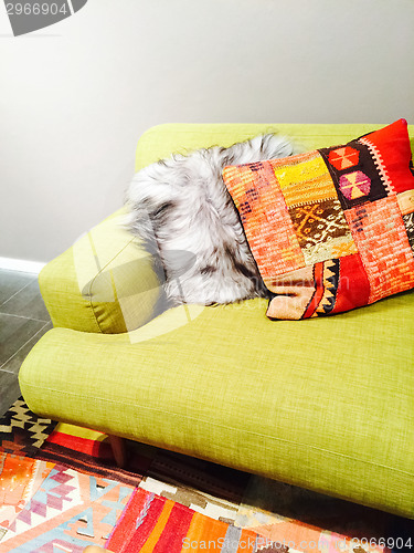 Image of Bright green sofa with colorful cushions