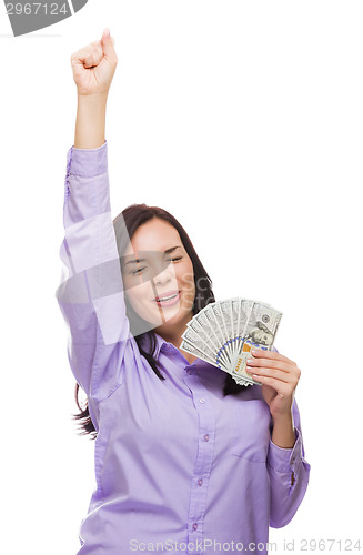 Image of Mixed Race Woman Holding the New One Hundred Dollar Bills