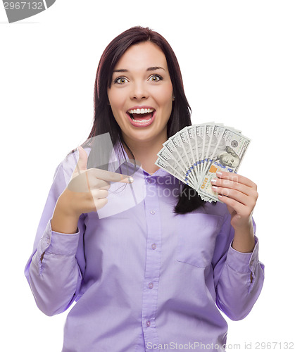 Image of Mixed Race Woman Holding the New One Hundred Dollar Bills