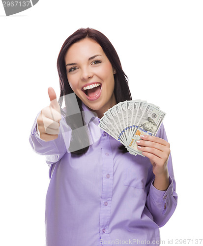 Image of Mixed Race Woman Holding the New One Hundred Dollar Bills