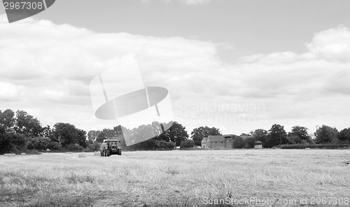 Image of Tractor baling straw in a farm field 