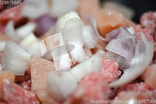 Image of raw meat with onion on the plate