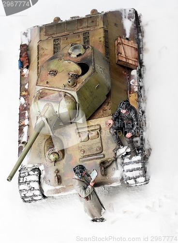Image of Diorama with old soviet t 34 tank. Top view
