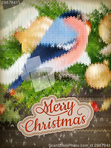 Image of Christmas label on a knitted Bullfinch. EPS 10