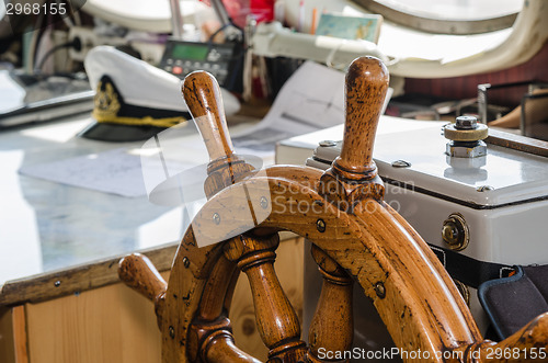 Image of Steering wheel of the ship. A workplace of the captain