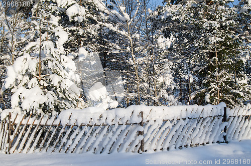 Image of The wooden fence filled up by a snow in a countryside.