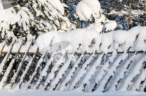 Image of The wooden fence filled up by a snow in a countryside.