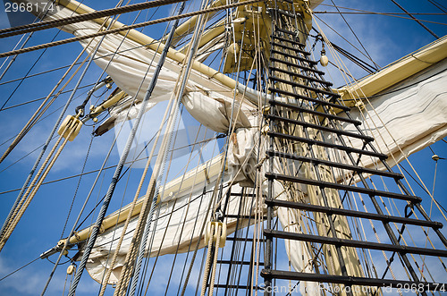 Image of Sails and tackles of a sailing vessel on a background of the sky