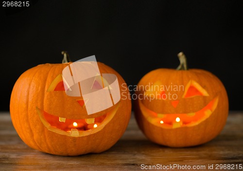 Image of close up of pumpkins on table