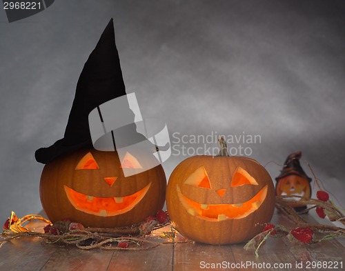 Image of close up of pumpkins on table