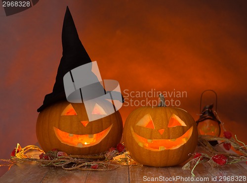 Image of close up of pumpkins on table